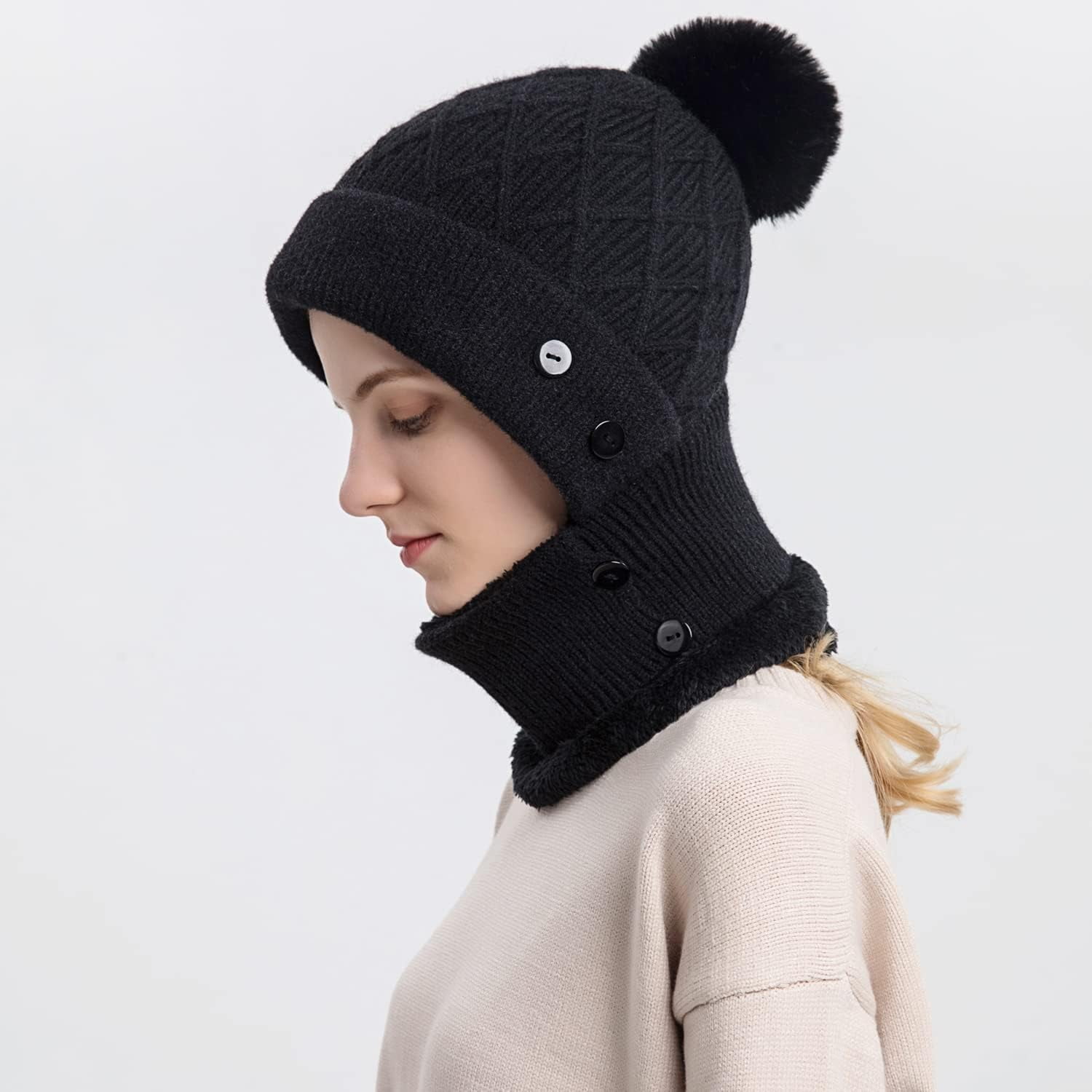 Zhengup Women Winter Beanie Hats One Piece Fleece Lined Knit Balaclavas Mask Set Skull Neck Circle Scarf Ski Snow Hat Pompom