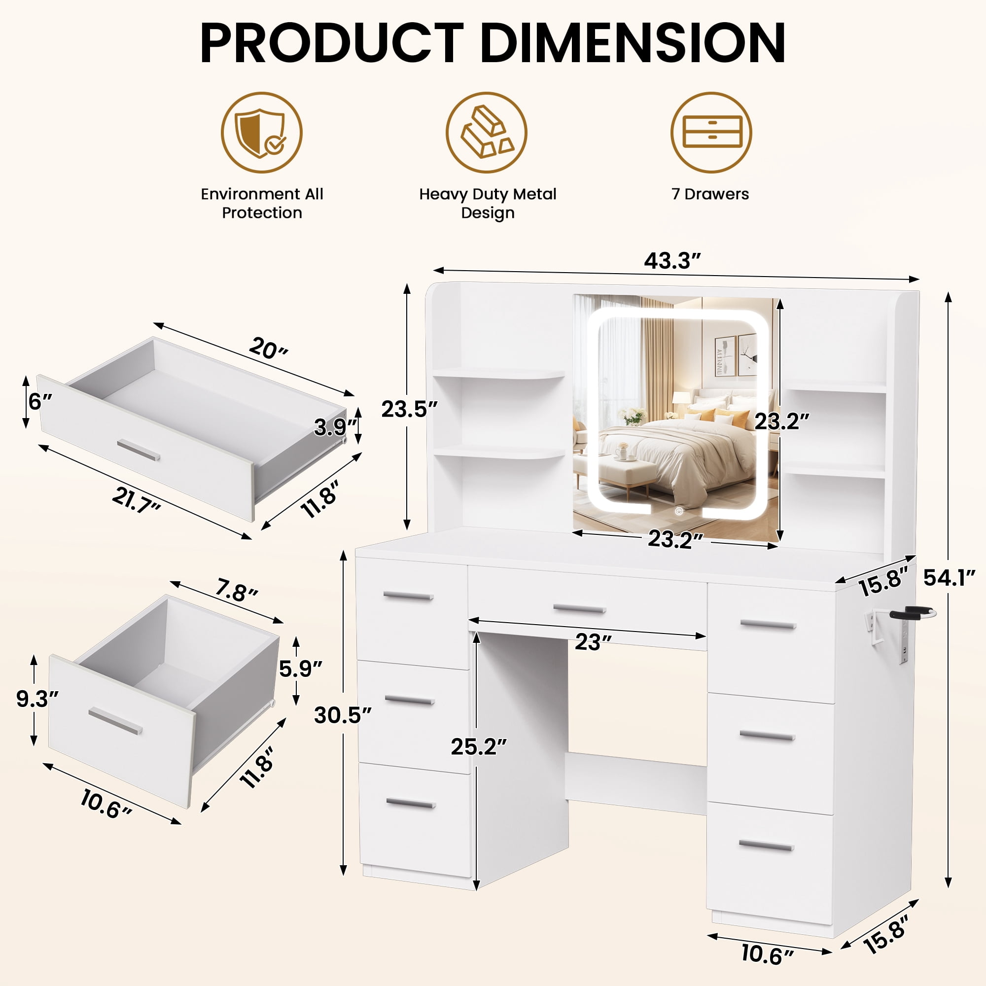 LIVELYGLOW Vanity Desk with Smart LED Lighted Mirror, Built-in Power Outlet, Large Storage Drawer, Modern Minimalist Makeup Dressing Table for Bedroom,White