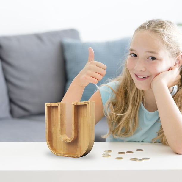 Lata de ahorro de madera con letras en inglés y cristal transparente.