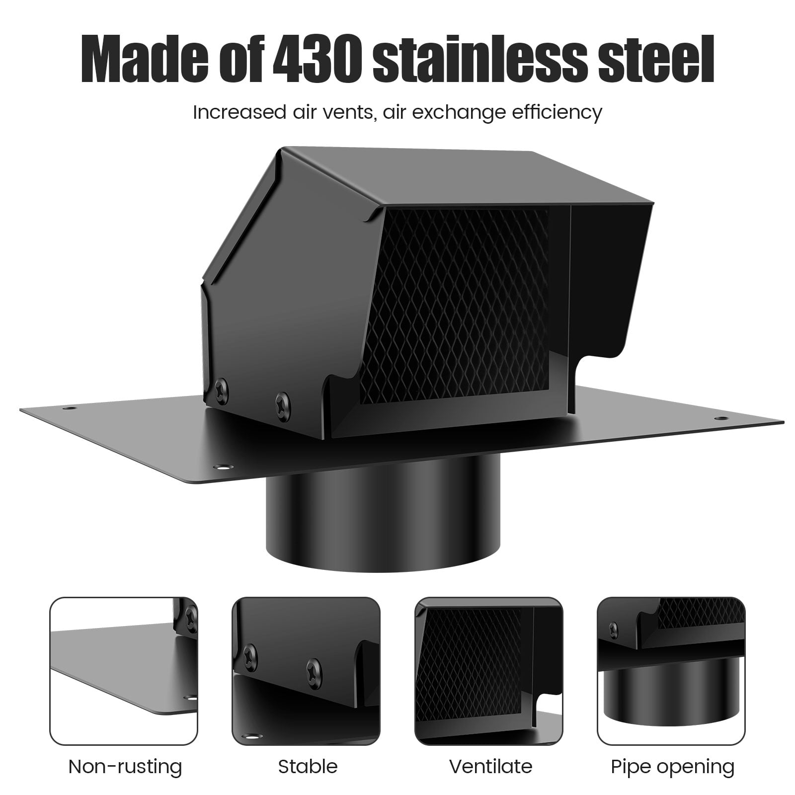 Roof Vent Cap 4 Inch 430 Stainless Steel Roof Dryer Vent Removable Roof Exhaust Vent Easy Install Roof Dryer Vent Cap Stable Roof Vent Cover with Damper for Bathroom Kitchen