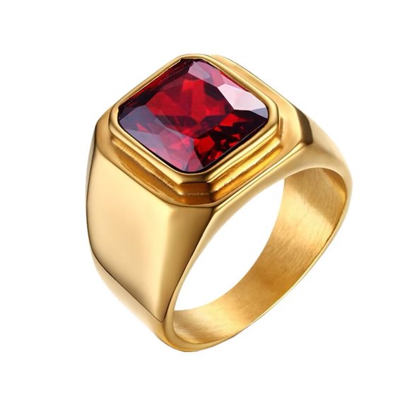 PAMTIER Men's Stainless Steel Simple Gold Plated Ring with Square Red Gem Stone Size 6
