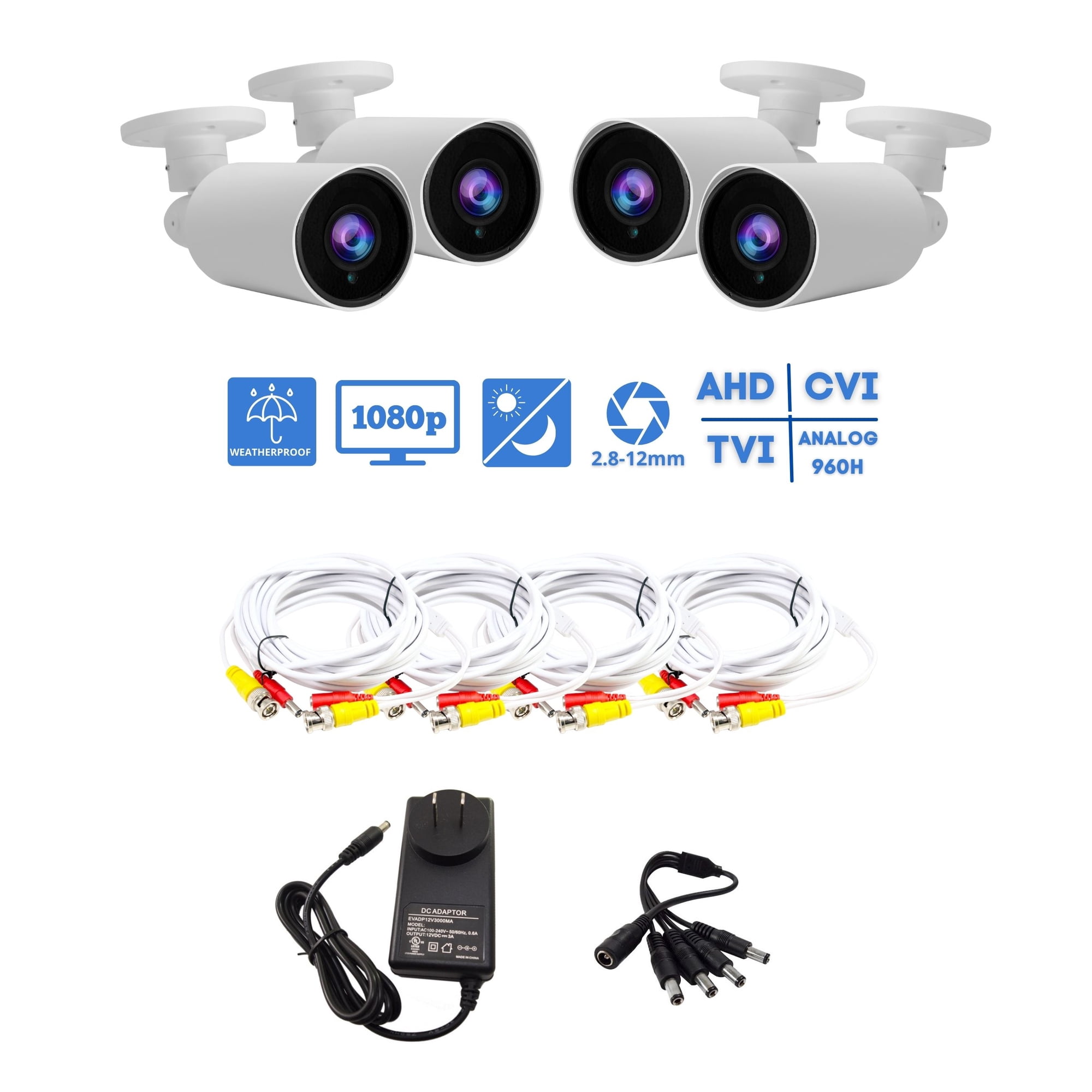 Evertech HD 1080P 2.4mp Indoor Outdoor Varifocal Lens Bullet Security Cameras with 25ft CCTV Cable and Power Adapter with Splitter Cable (4 SET)