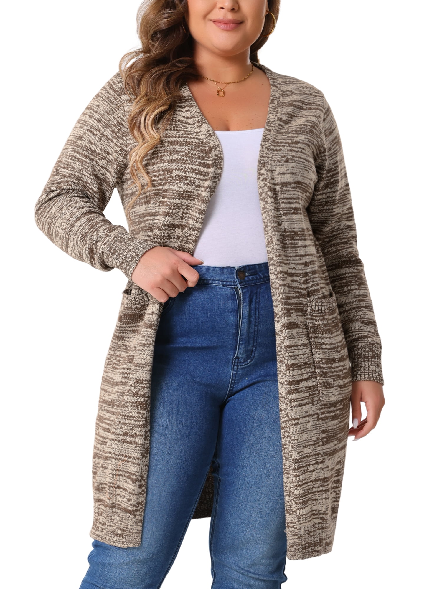 DARING DIVA Plus Size Contrast Color Open Front Long Sleeve Cardigan 4X Coffee