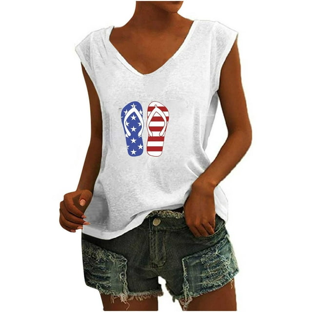 Birdeem Womens Summer V-Neck Tank Tops Short Sleeve Independence Day Print T-Shirt Tops
