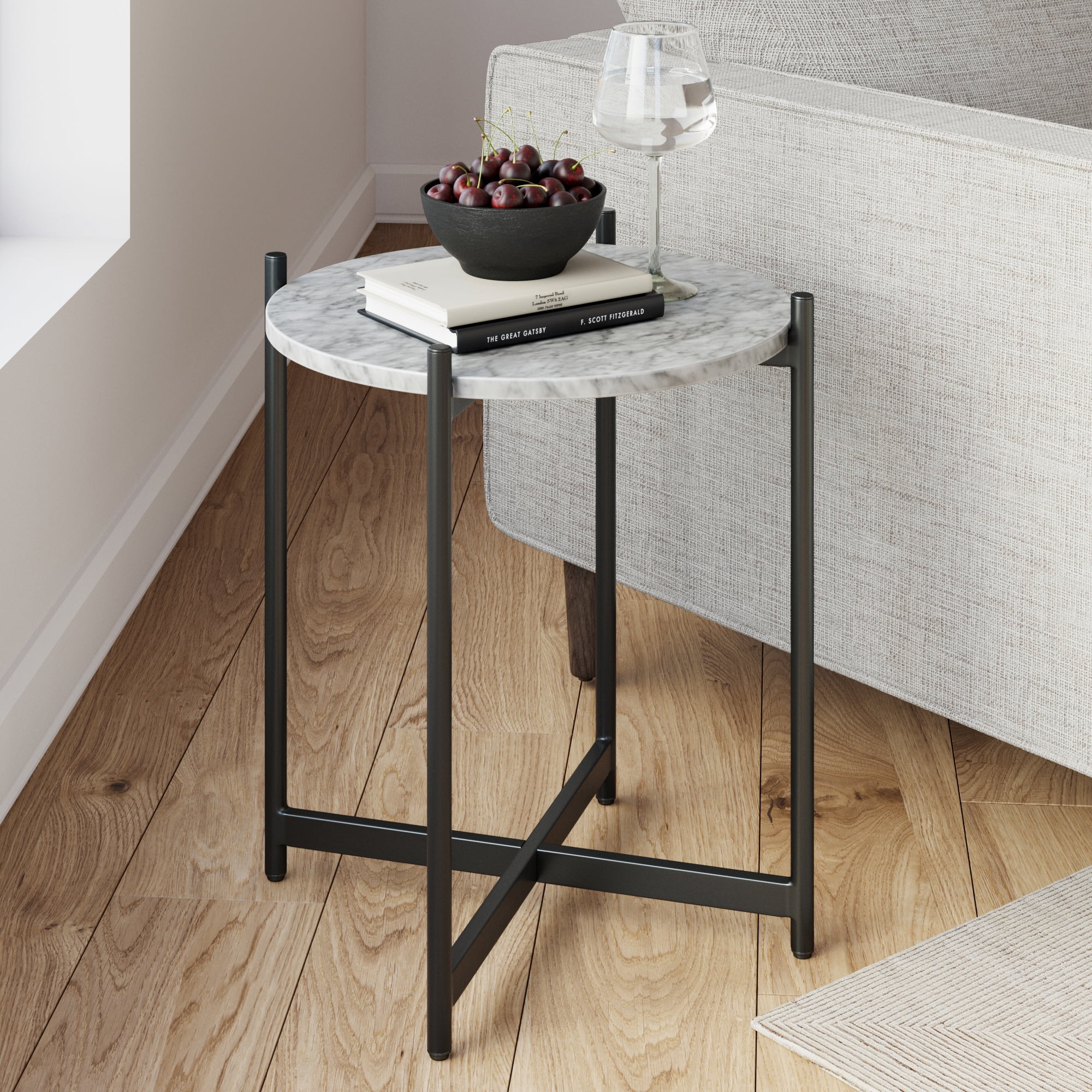 24 x 12 Inch Transitional Style End Table with Faux Marble Top 