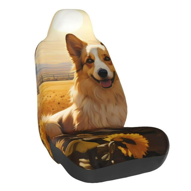 Wukai Pastoral Sunflower Corgi Full Set Car Seat Covers with Soft Padding Universal Auto Front Seats Protector and Cushion Mat