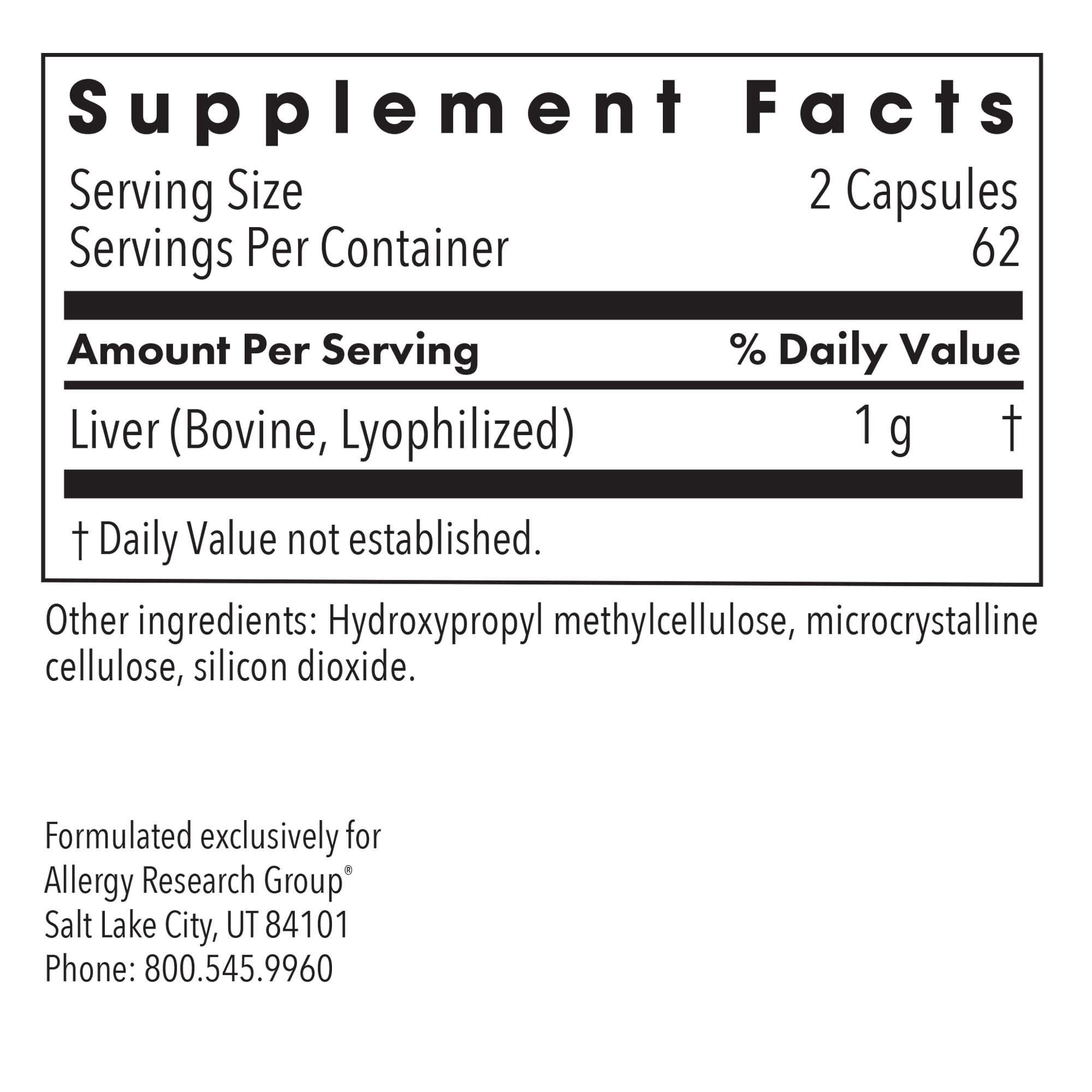 ARG Liver Beef Natural Glandular - 1000 mg Bovine Liver - Supports Liver Function - Hypoallergenic Formula - 62 Servings - 125 Count