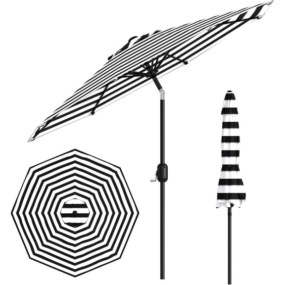 Memoryfield 9FT Outdoor Patio Umbrella with 8 Ribs, Push Button Tilt & Crank, Striped Market Umbrella, UV Protection Waterproof for Pool, Deck, Garden, Black & White