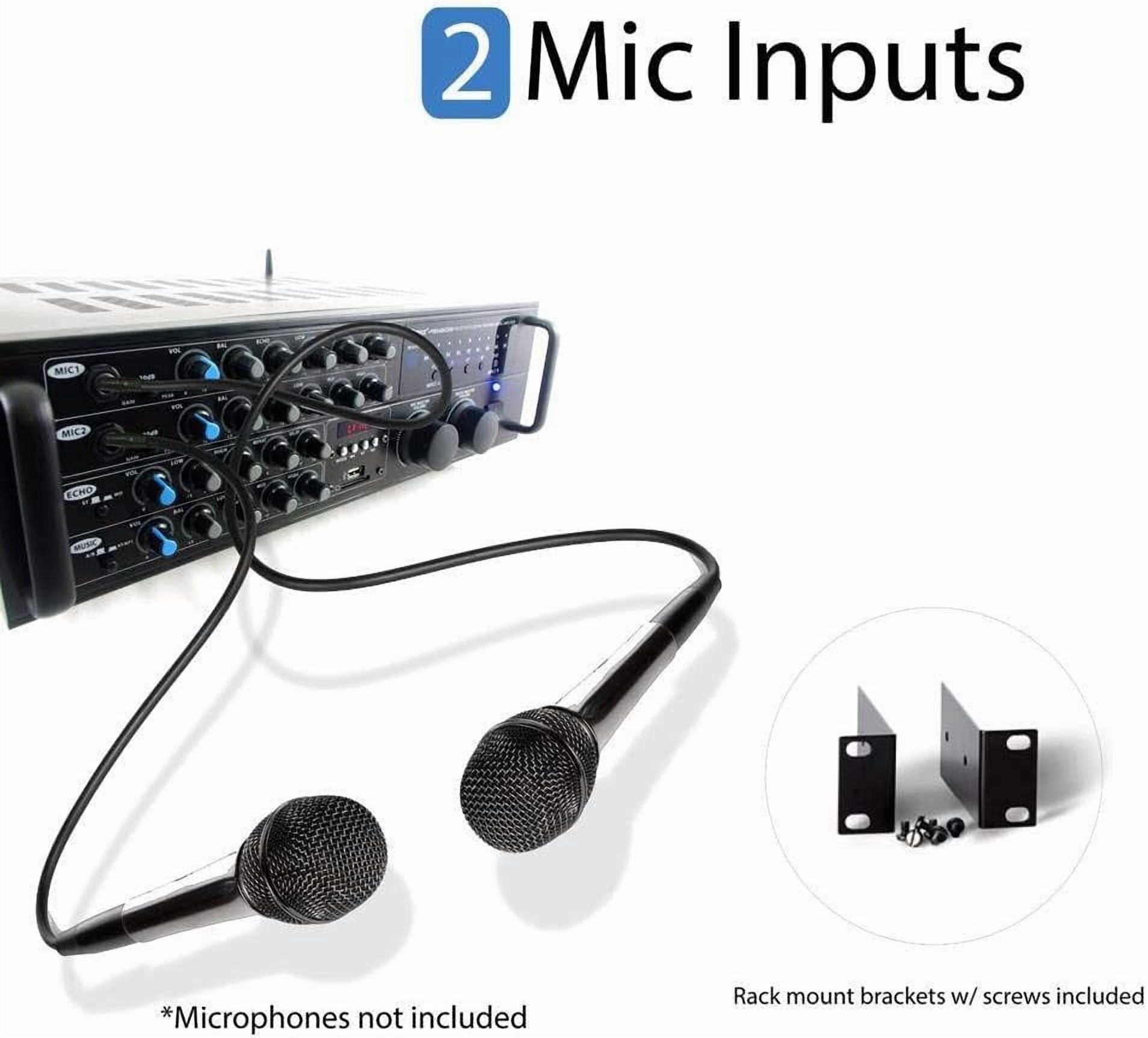 2000 Watt Bluetooth Stereo Mixer Karaoke Amplifier, Microphone/RCA Audio/Video Inputs, Mic-Talkover, USB/SD Readers, Rack Mountable Amp