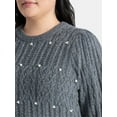 thumbnail image 4 of Terra & Sky Women’s Plus Cable Knit Sweater with Faux Pearls, Lightweight, Sizes 0X-5X, 4 of 5