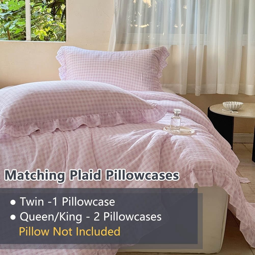 Pink Gingham Ruffle Twin Comforter Set, Pink Ruffled Plaid Bedding Set, Ruffled Checked Bed Comforter 2 Pieces(Pink Gingham, Twin)