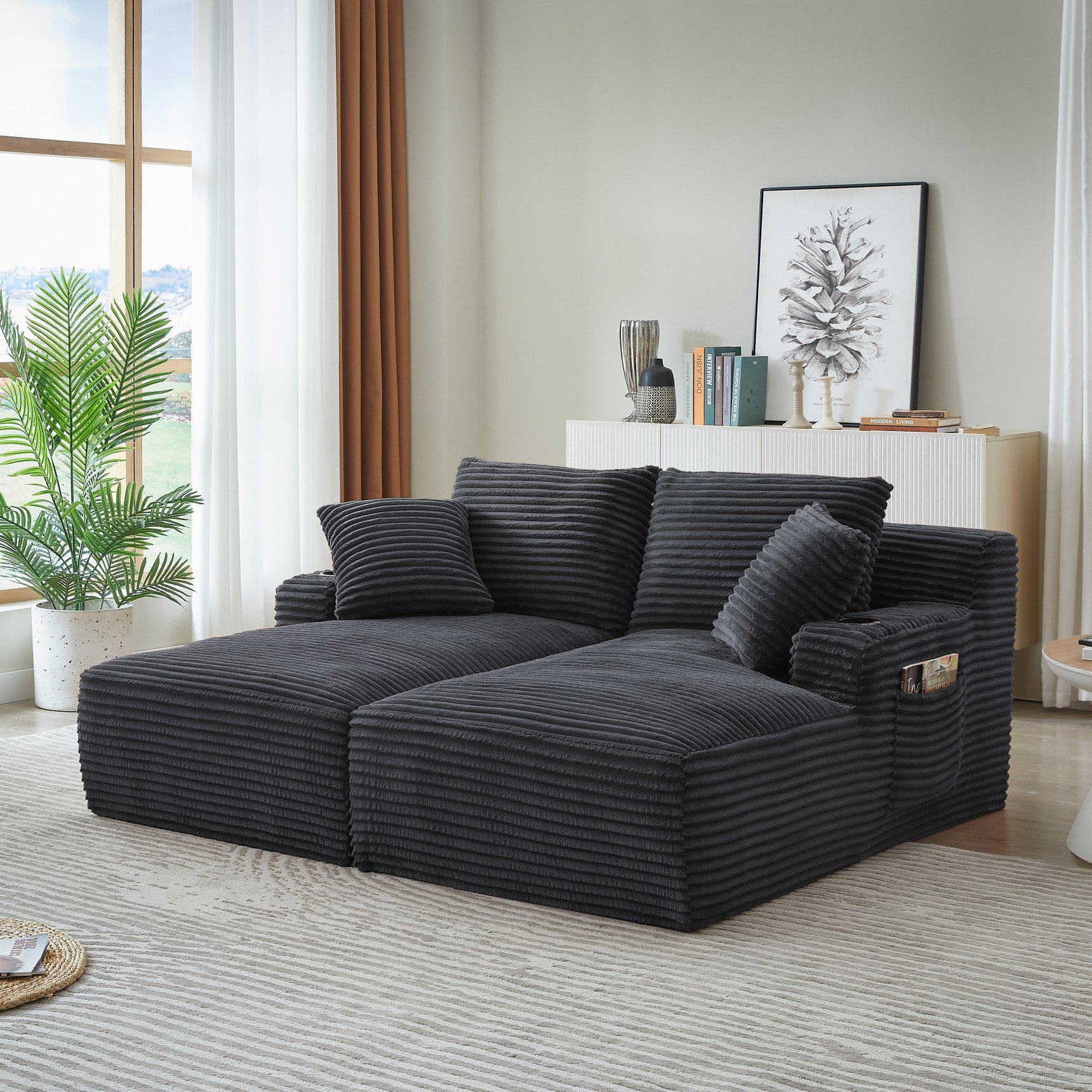 71" Oversized Double Chaise Lounges Indoor, Upholstered Corduroy Sofa Bed with Dual Cup Holders, Sectional Sleeper Loveseat for Living Room, Dark Grey