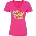 thumbnail image 3 of Inktastic Fiesta with Sombrero Taco Cactus Lime Red Pepper and Guitar in Background Women's V-Neck T-Shirt, 3 of 5