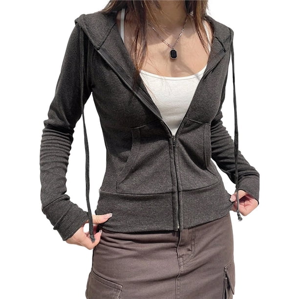 Sudadera con Capucha para Mujer con Cremallera, Larga, Corte Entallado, Punto Acanalado, Capucha y Bolsillos, Chaqueta y Abrigo. Gris Oscuro XL
