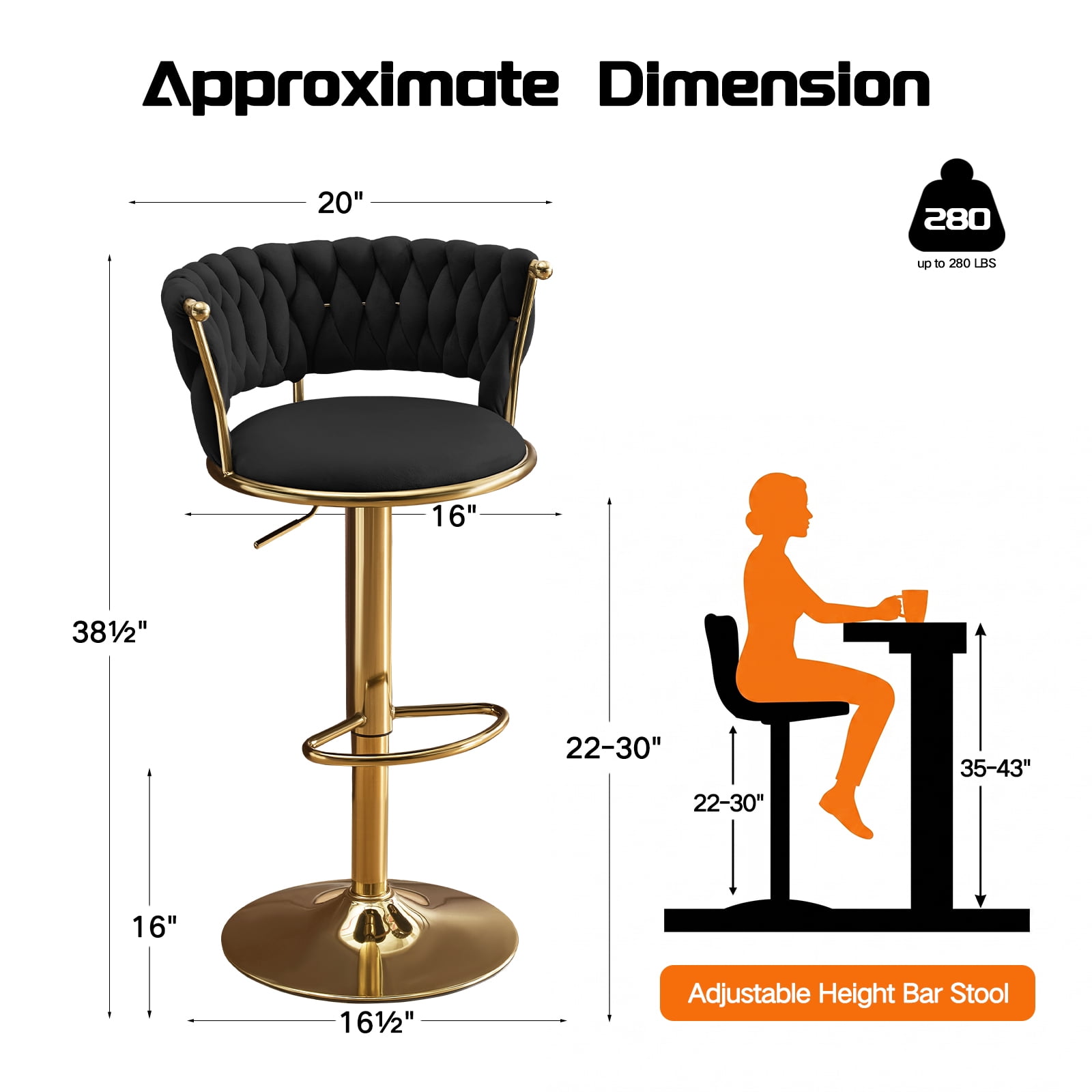 Velvet Swivel Bar Stools Set of 6, Adjustable Height Barstools with Woven Back and Footrest for Kitchen Island, Dining Room, Black