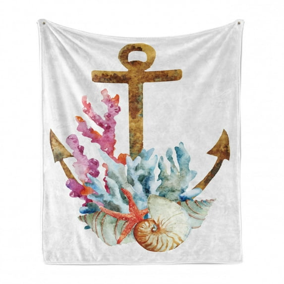 Anchor Soft Flannel Fleece Throw Blanket, Watercolor Style Starfish Seashell and Coral Colorful Nautical Arrangement Summer, Cozy Plush for Indoor and Outdoor Use, 50" x 70", Multicolor, by Ambesonne