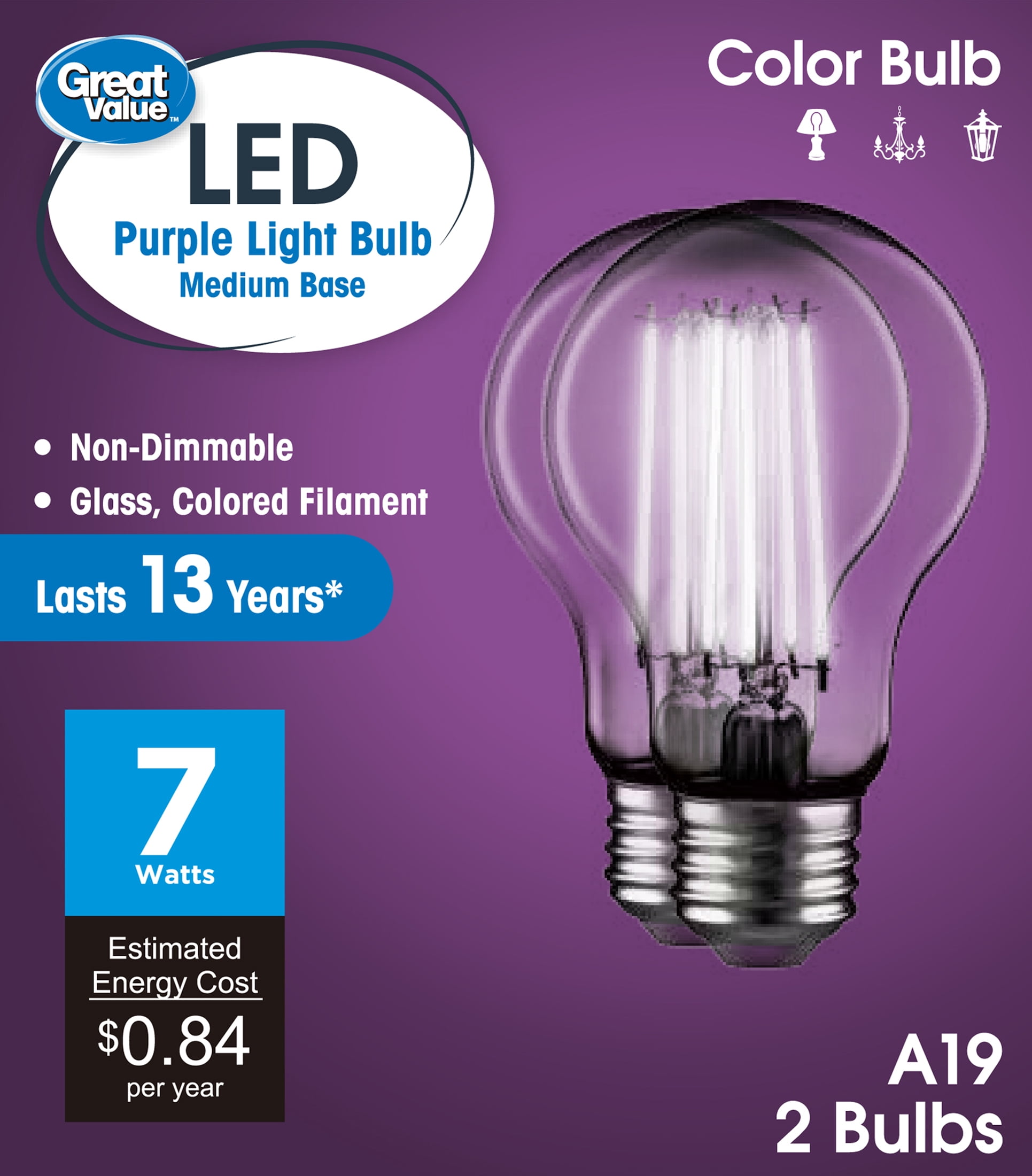 Great Value LED Violet Color Light Bulb, A19, E26 Medium Base, 7.5 Watts, Non-Dimmable, 2-Pack
