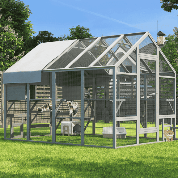 TIMHAKA 97" Outdoor Large Cat Enclosure, Wooden Cat Catio w/ 7 Platforms, 2 Resting Boxes & Weatherproof Cover for Multiple Pets