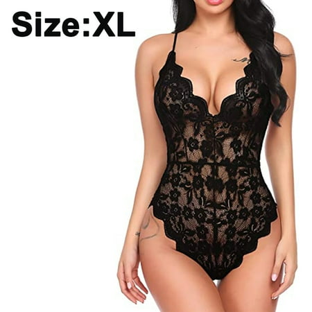 Women Deep V Lingerie Snap Crotch Teddy Sexy Lace Bodysuit