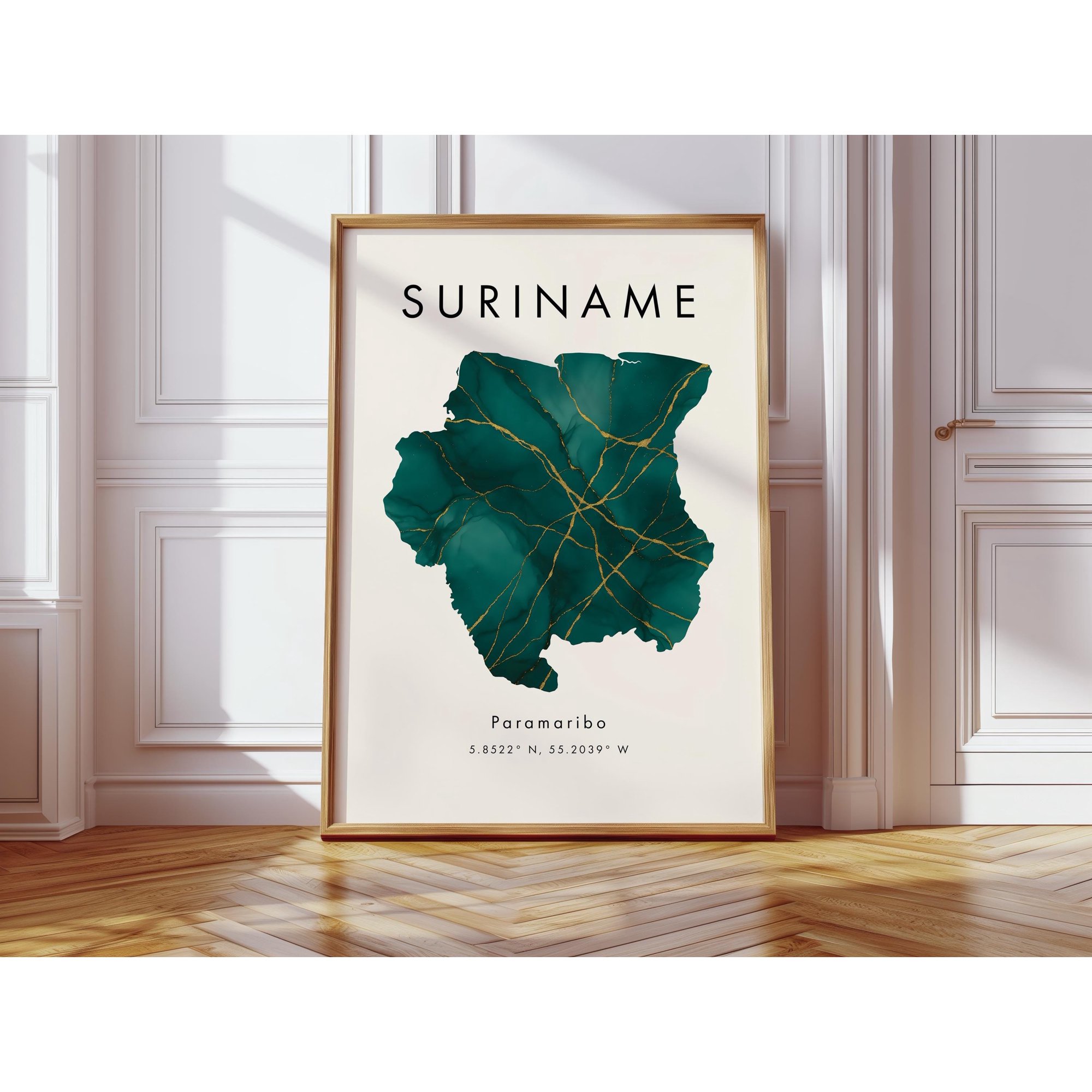 Suriname Map Poster Green and Gold South America Wall Art Print Home Decor Geography Map Gift Wallpaper