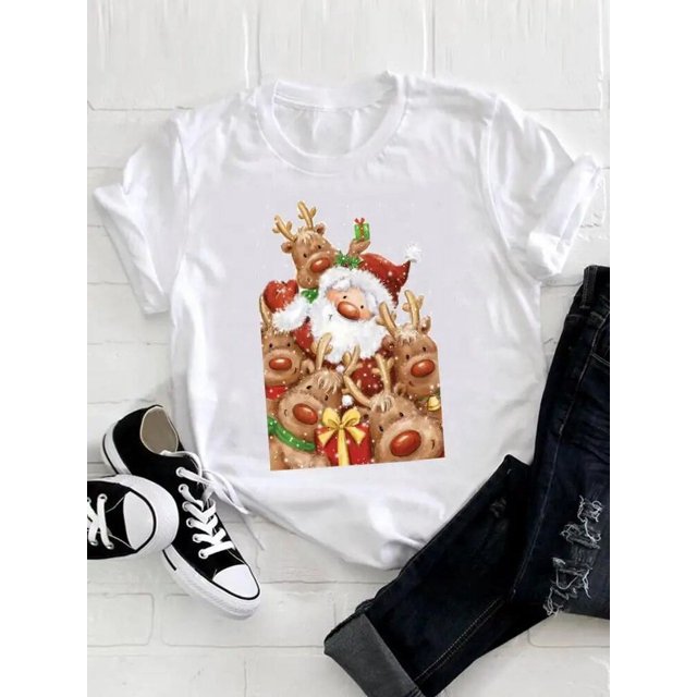Camisetas estampadas de manga corta para mujer, ropa de moda con estampado de estrella, árbol de acuarela, tendencia linda, Feliz Navidad, Año Nuevo