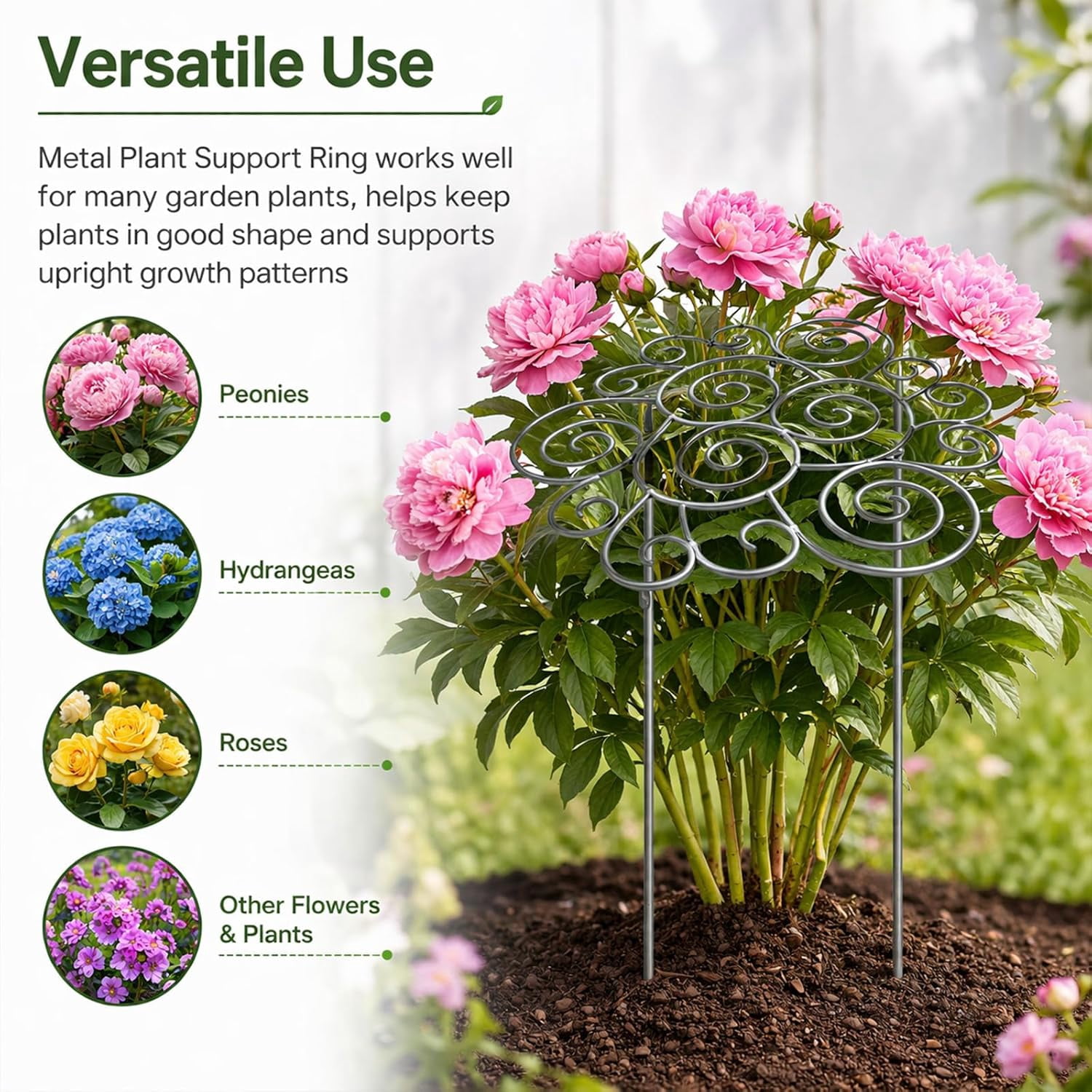 Heavy Duty Metal Plant Support Ring for Garden, Decorative Peony Cages and Stackable Stakes for Climbing Plants, Vines and Tomatoes