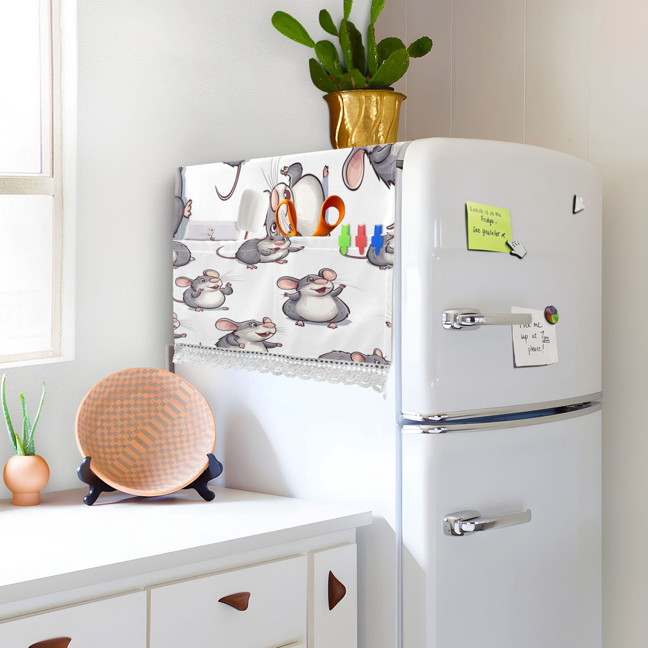 Lovely Cartoon RatWasher and Dryer Covers Dust-Proof and Oil Resistant Fridge Cover with 4 Storage Pockets Washing Machine Top Cover for Laundry Kitchen Home 51.2 x 22 In