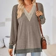 thumbnail image 4 of qucoqpe Womens Long Sleeve Tops Pullover Casual Solid Loose Fit Lace V-Neck Contrast Split Tunics, 4 of 5