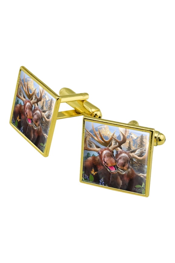 Moose Selfie Square Cufflink Set - Silver or Gold