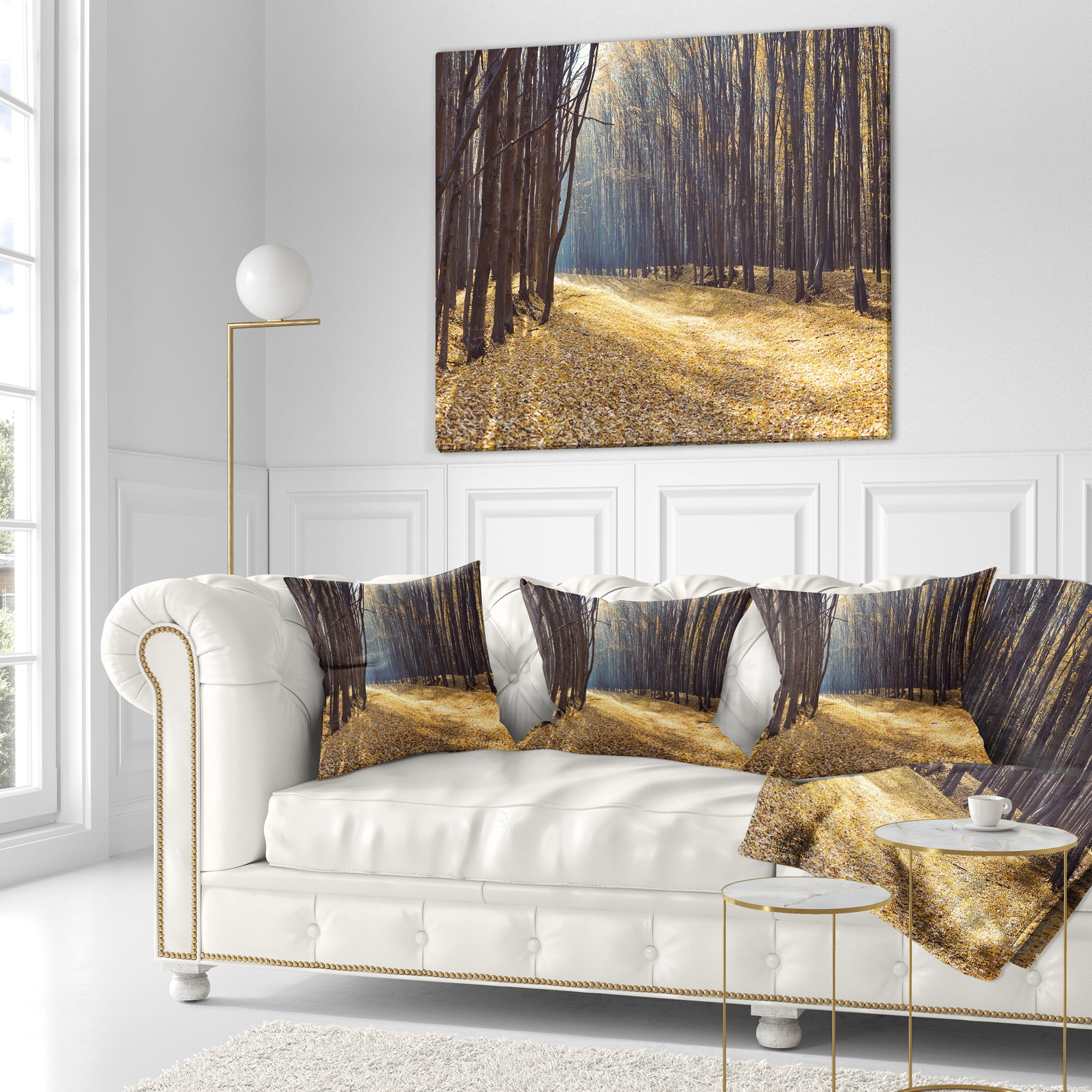 Designart Path in the Fall Forest Panorama - Forest Throw Pillow - 16x16