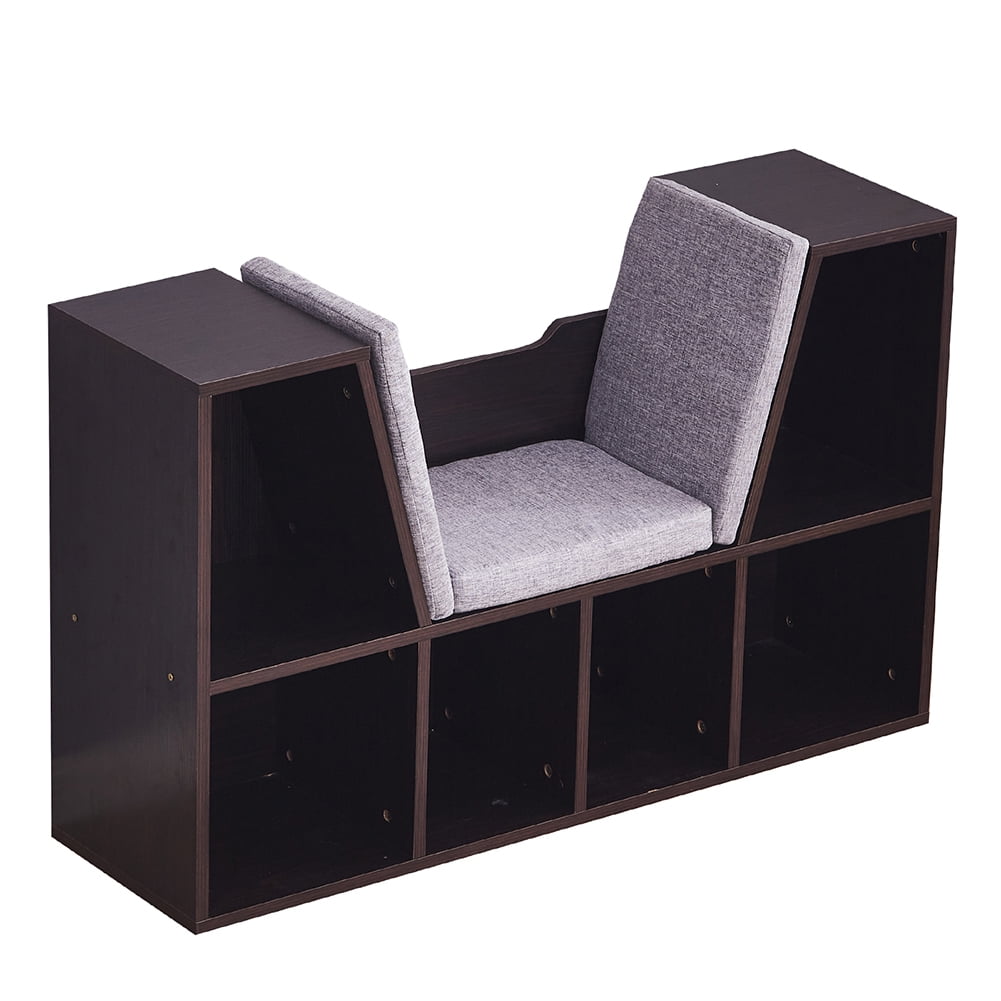 Kepooman Wooden Bookcase with Reading Nook, Six Shelves and Gray Cushion, Gift for Ages 3-8, Dark Brown Kepooman Wooden Bookcase with Reading Nook, Six Shelves and Gray Cushion, Gift for Ages 3-8, Dark Brown
