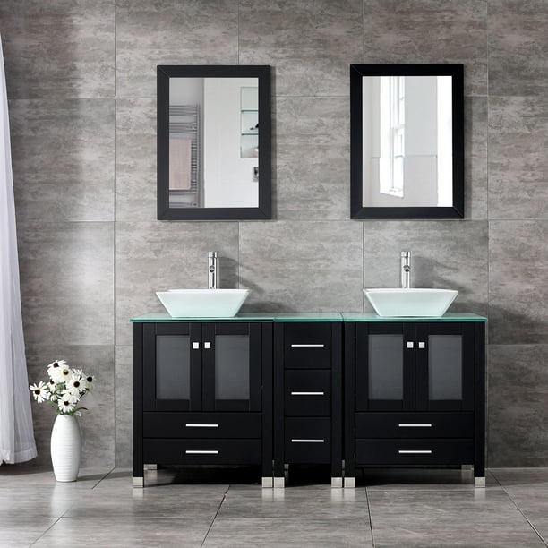 W 60 Double Bathroom Vanity, Sink Bowls On Top Of Vanity