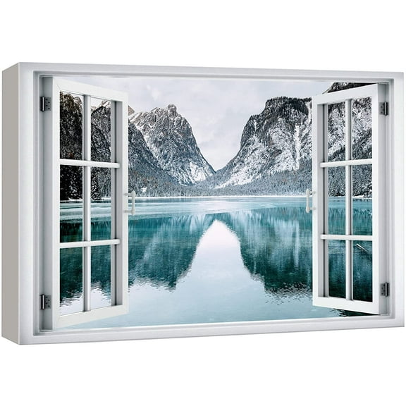 wall26 Canvas Print Wall Art Window View Snowy Mountain Range Lake Reflection Wilderness Nature Photography Realism Scenic Landscape Colorful Multicolor for Living Room, Bedroom, Office - 24"x36