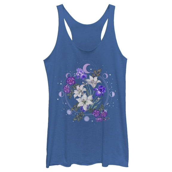 Women's Lost Gods Floral Moon Racerback Tank Top Royal Blue Heather Medium