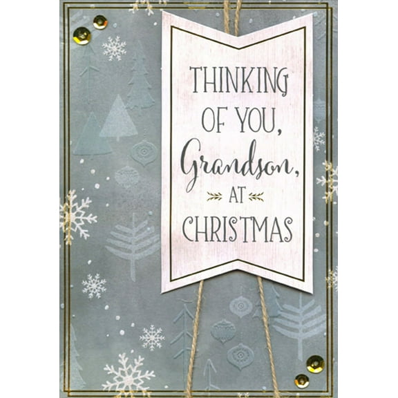 Designer Greetings Evergreen Trees and Sparkling Snowflakes on Muted Green : 3D Banner : Brown String : Sequins Keepsake Hand Decorated Grandson Christmas Card