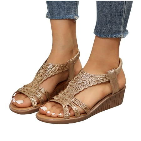 

WQJNWEQ Sandals Women European/American Large-sized Thick Soled Rhinestone Open toe Elastic Sloping Heels Beach