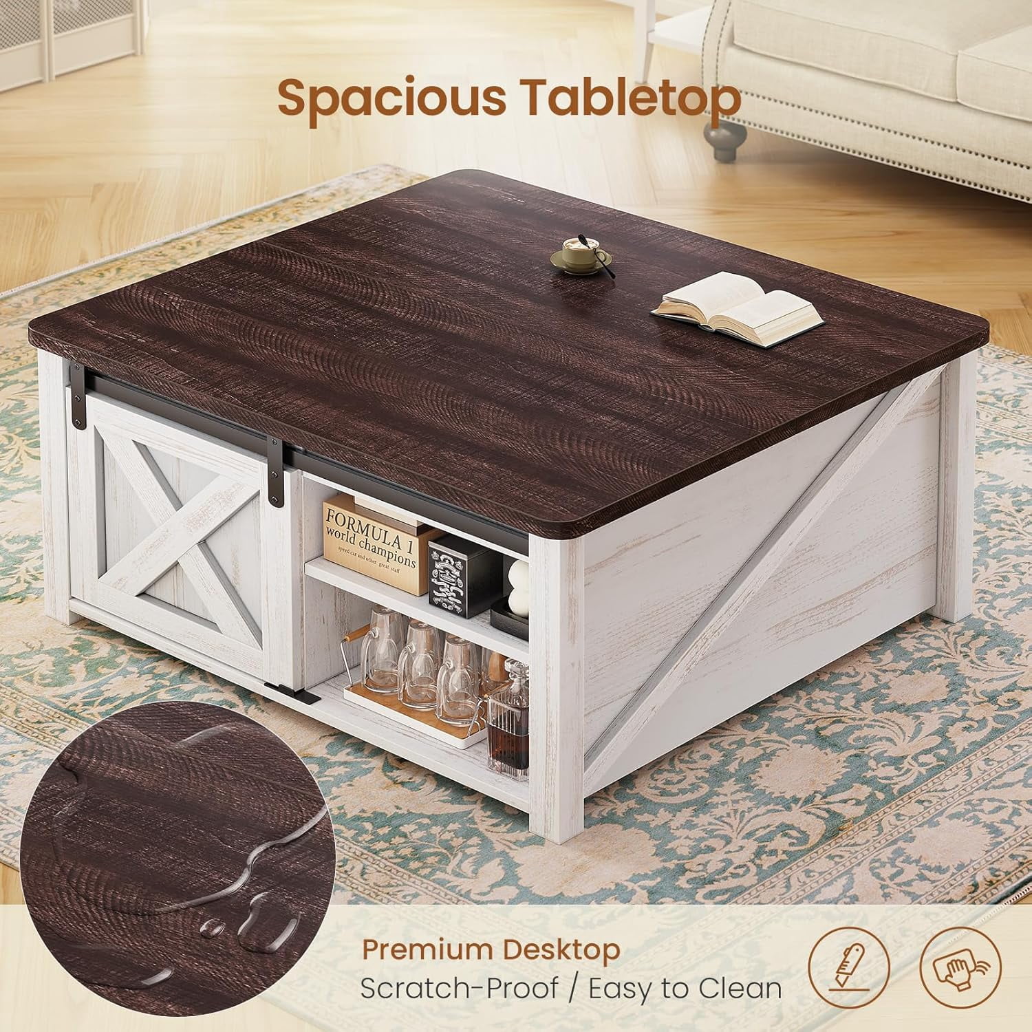 31.5" Square Lift Top Coffee Table, Farmhouse Coffee Table with Ample Storage, Wood Center Table with Sliding Doors and Large Hidden Space for Living Room Home Office, Vintage White