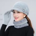 thumbnail image 4 of Gorro de punto grueso y cálido para mujer, conjunto de 3 piezas de guantes y bufanda, Boina de piel de conejo con flores elegantes, gorro de esquí para montar al aire libre, invierno, nuevo, 4 of 4