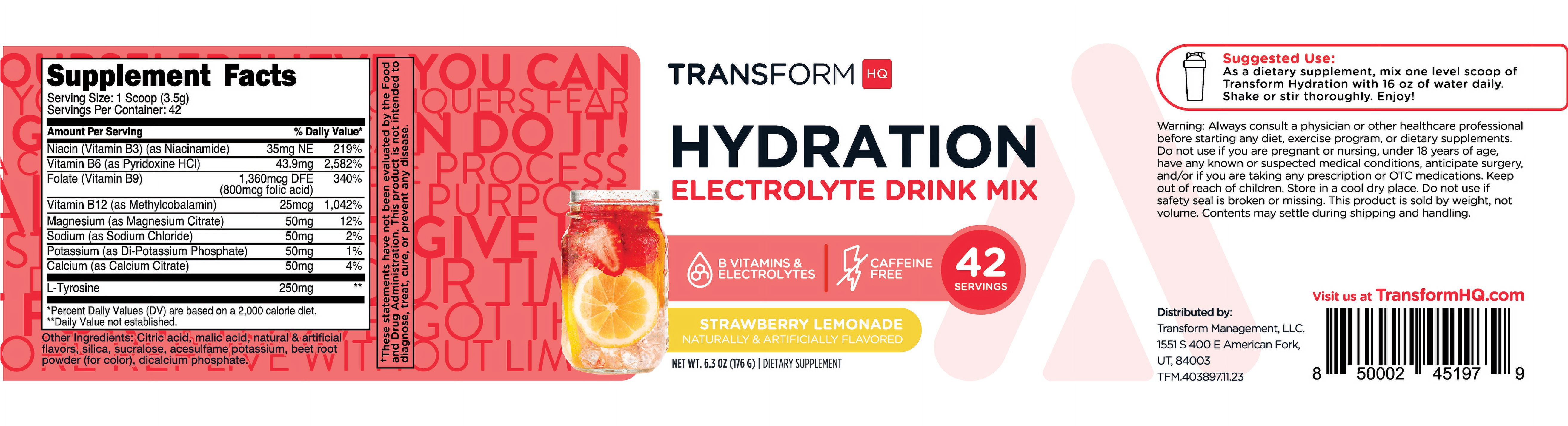 TransformHQ Hydration 42 Servings (Strawberry Lemonade) - Electrolytes, Vitamins, Supplements