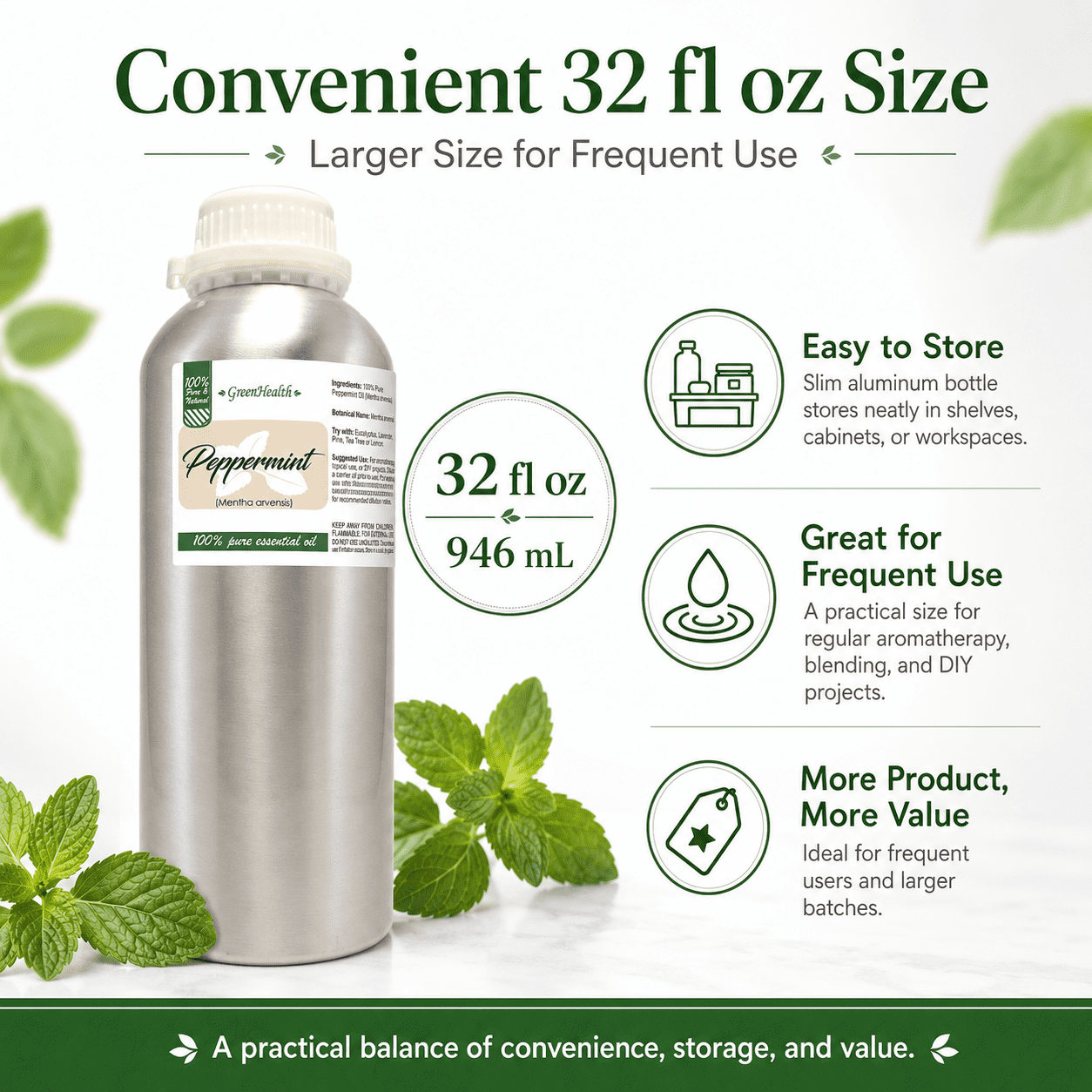 Peppermint Essential Oil - 32 fl oz - Aluminum Bottle w/ Locking Cap - GreenHealth