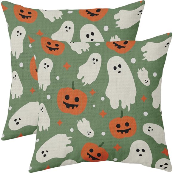 Green Halloween Pillow Covers 20x20 Set of 2 Cute Ghost Pumpkin Print Outdoor Decorative Throw Pillows Halloween Scary Themed Farmhouse Pillowcases Linen Cushion Case Decor for Home Sofa Couch Bed