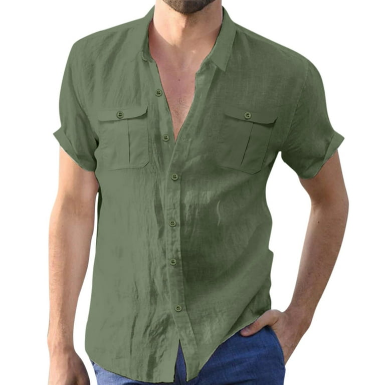 qazqa mens short sleeve shirts button down tops beach linen fishing tees  spread collar plain summer blouses army green xl