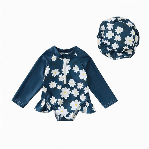 Ymyiu Toddler Swimsuit Kids Girls Rash Guard Long Sleeve One Piece Swimsuits Zipper Bathing Suits UPF 50 9-12 Months (Blue,9-12 Months)