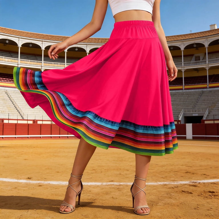 flared dresses and skirts Xiaocha Summer Flared Midi Skirt for Women Striped Print Elastic Waist Boho Casual Skirts, Women's, Size: XXXXXXL, Pink