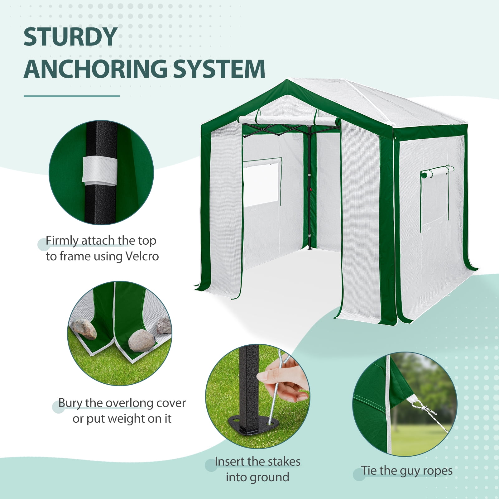 EAGLE PEAK 8 x 8ft Portable Walk-in Greenhouse with Roll-up Zipper Entry Door and 3 Large Roll-Up Screen Windows, Green/White