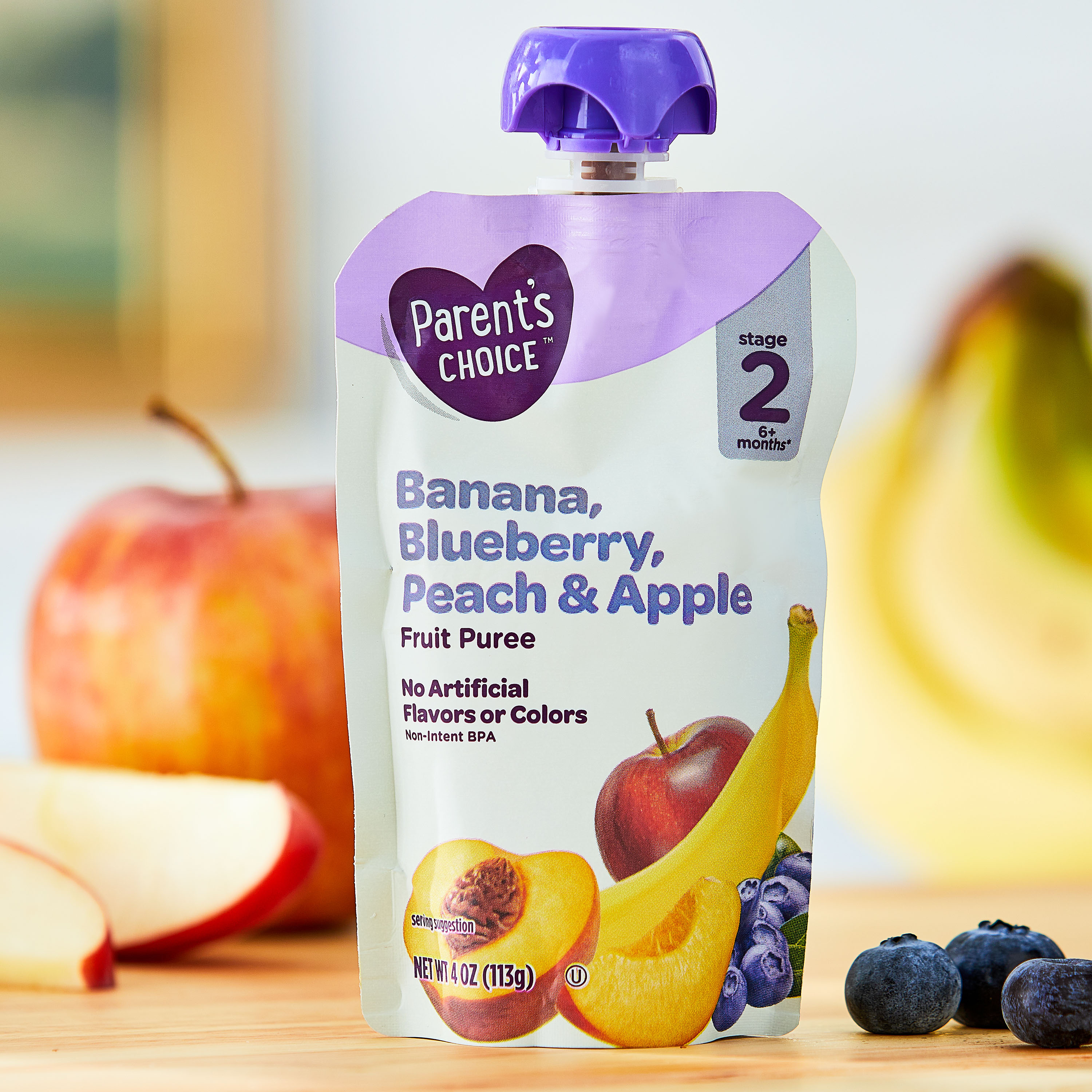 (Paquete de 3) Comida para bebé etapa 2 de Parent's Choice de puré de plátano, arándano, durazno y manzana, bolsa de 4 oz 3