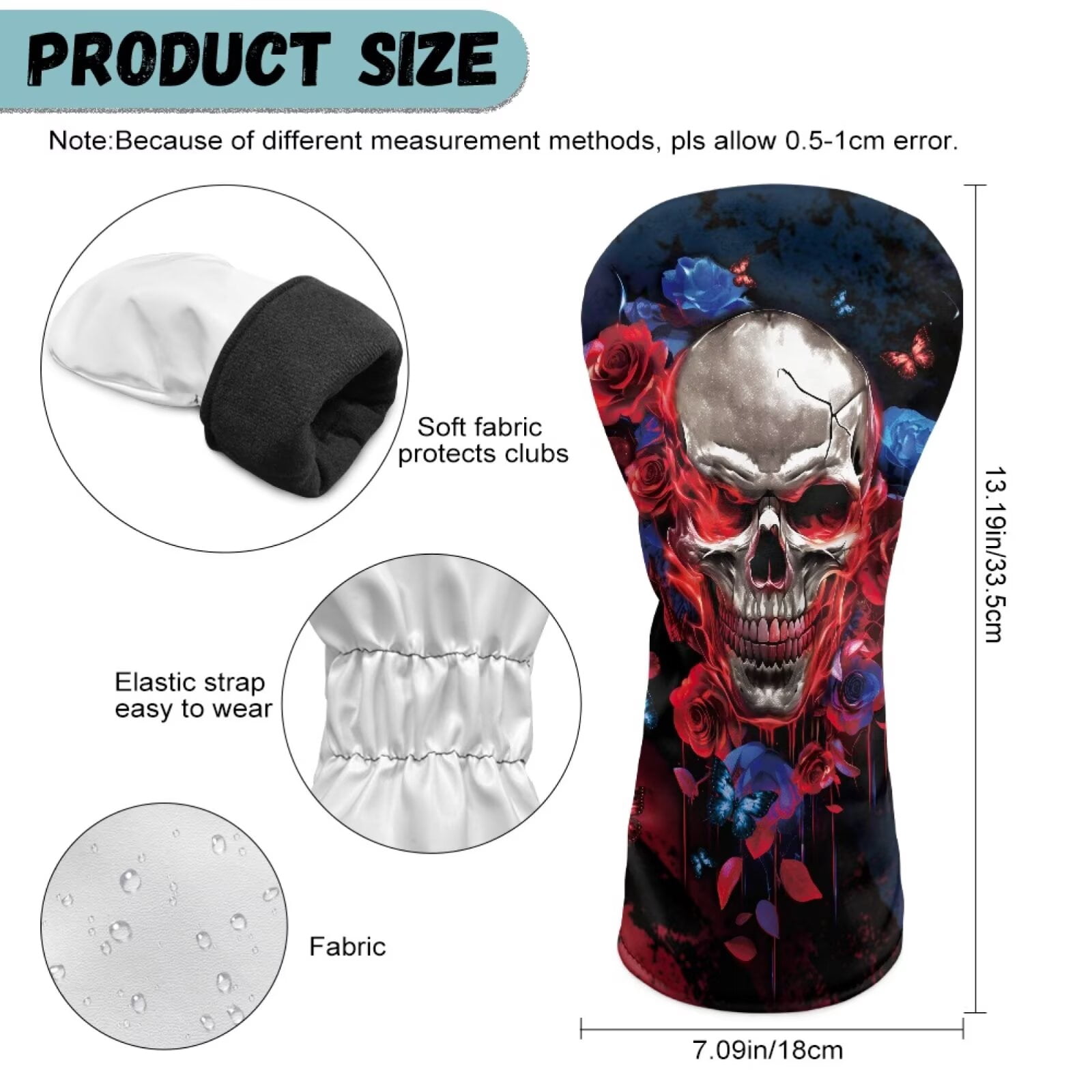 Uorisanigo Golf Headcovers Set Accessories, 3pcs Blue Butterfly Rose Skull Golf Club Head Covers - Golfs Driver Headcover, Fairway Wood Cover, Hybrid Cover - Headcovers for Club Protective
