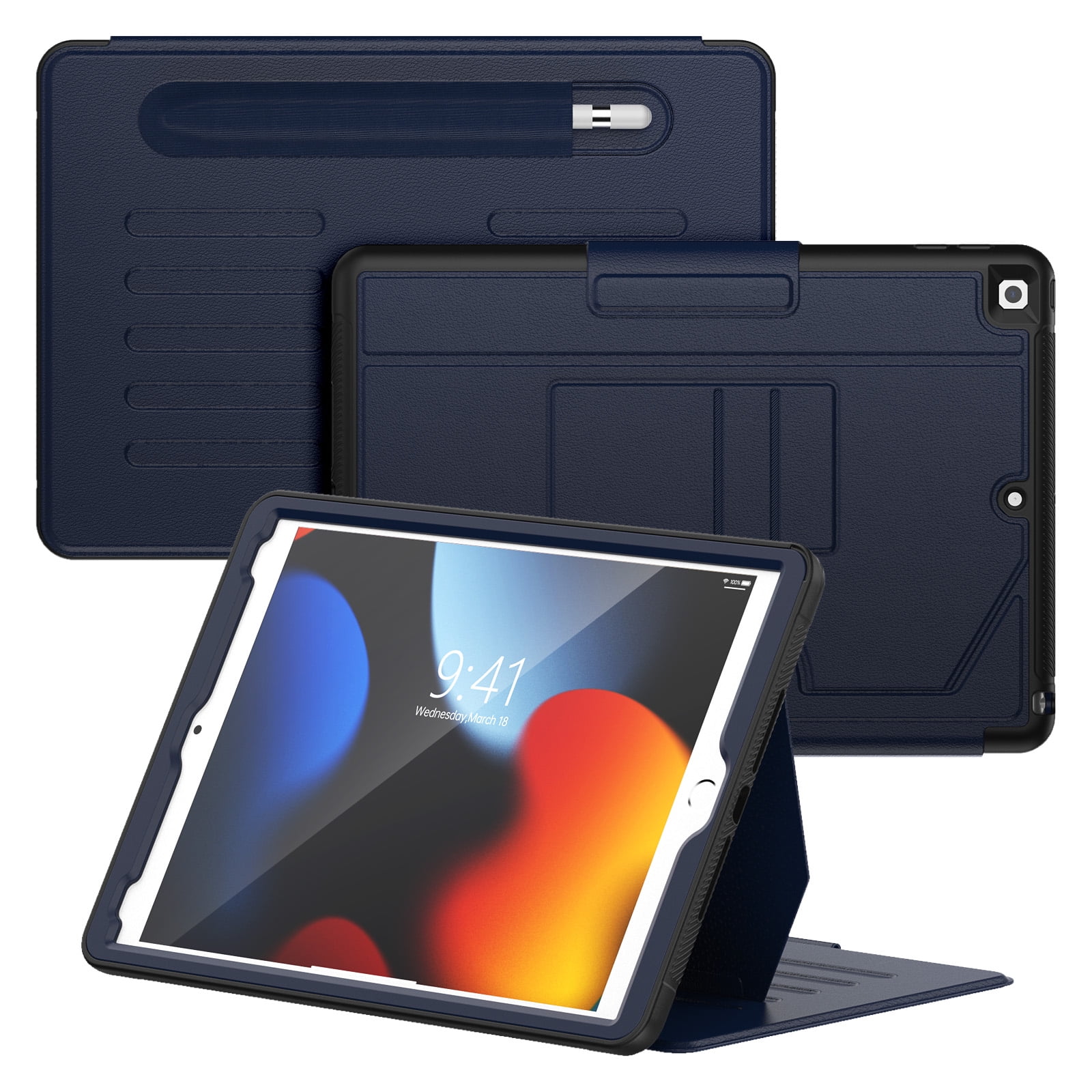 Business-Style Case for Apple iPad 9th/8th/7th Generation (2021/2020/2019) 10.2", PU Leather Protective Folio Heavy-Duty Case with Magnetic Stand /Pencil Holder /Auto Sleep Wake Function, Navyblue