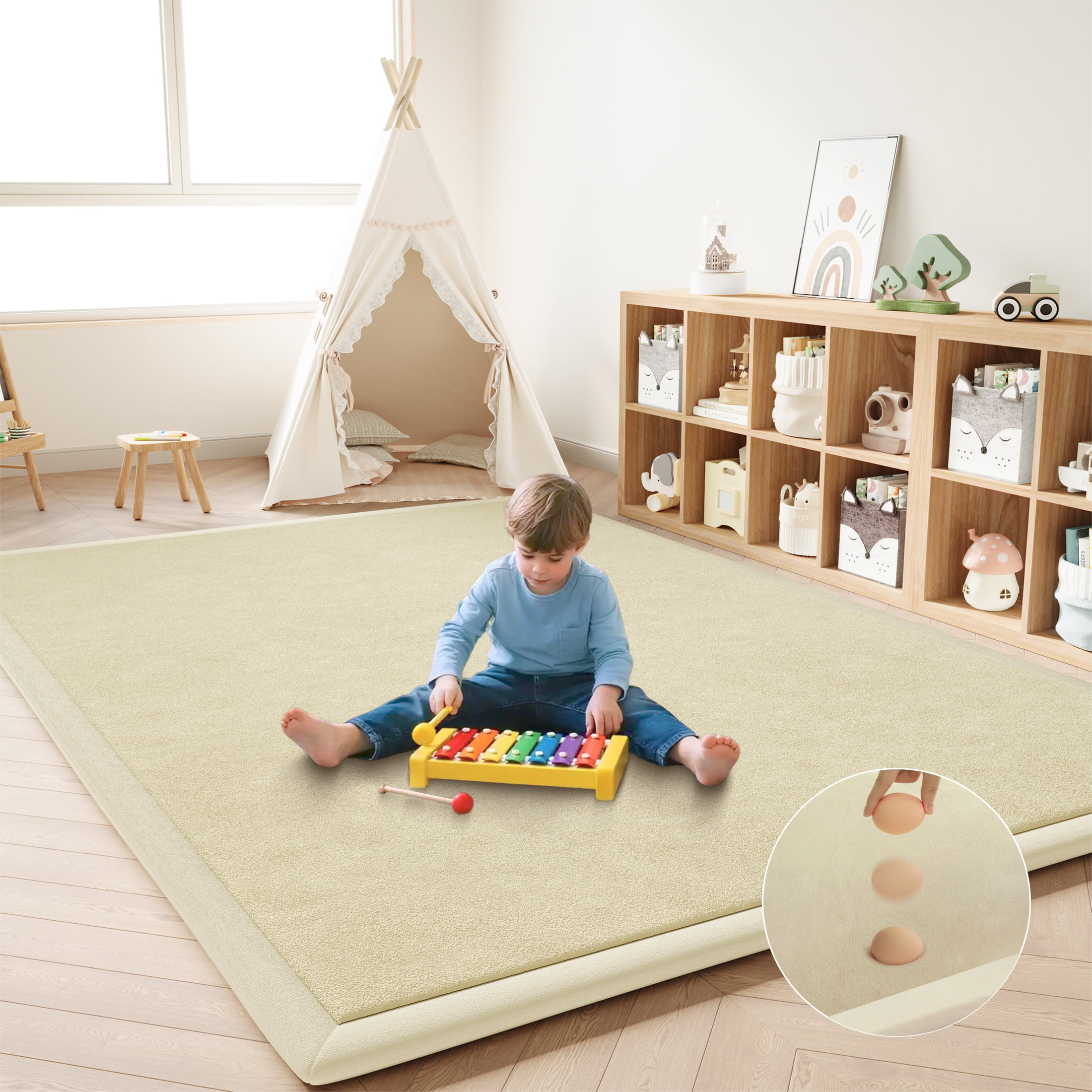 Loartee Baby Play Mat for Floor - 59" x 59" Non-Slip Coral Velvet Memory Foam Nursery Crawling 1.18" Thick Rug for Babies, Toddlers, Infants, Kids, Beige