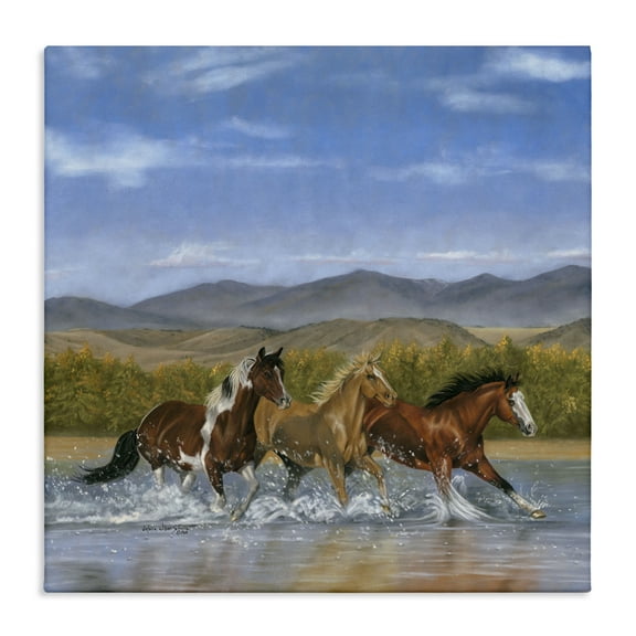 Stupell Industries Splashing River Horses Animals & Insects Painting Gallery Wrapped Canvas Art Print Wall Art, 17 x 17